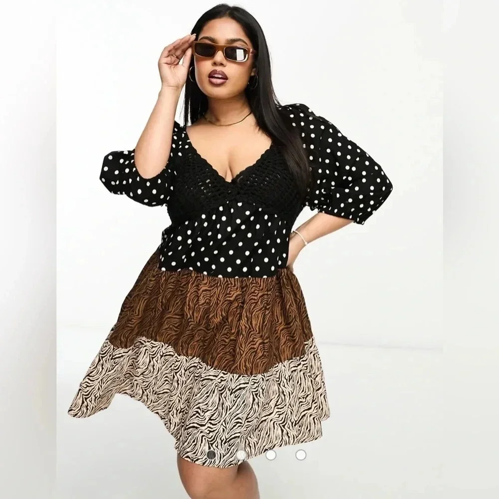 ASOS DESIGN crochet tiered babydoll mini dress in mixed animal print SZ 2O - Picture 2 of 9